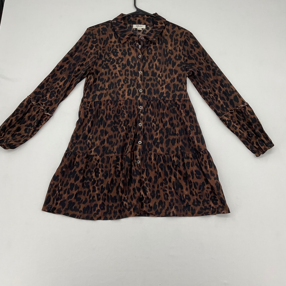 Style & Co Leopard Print Tiered Button Front Shirt Dress‎ Small